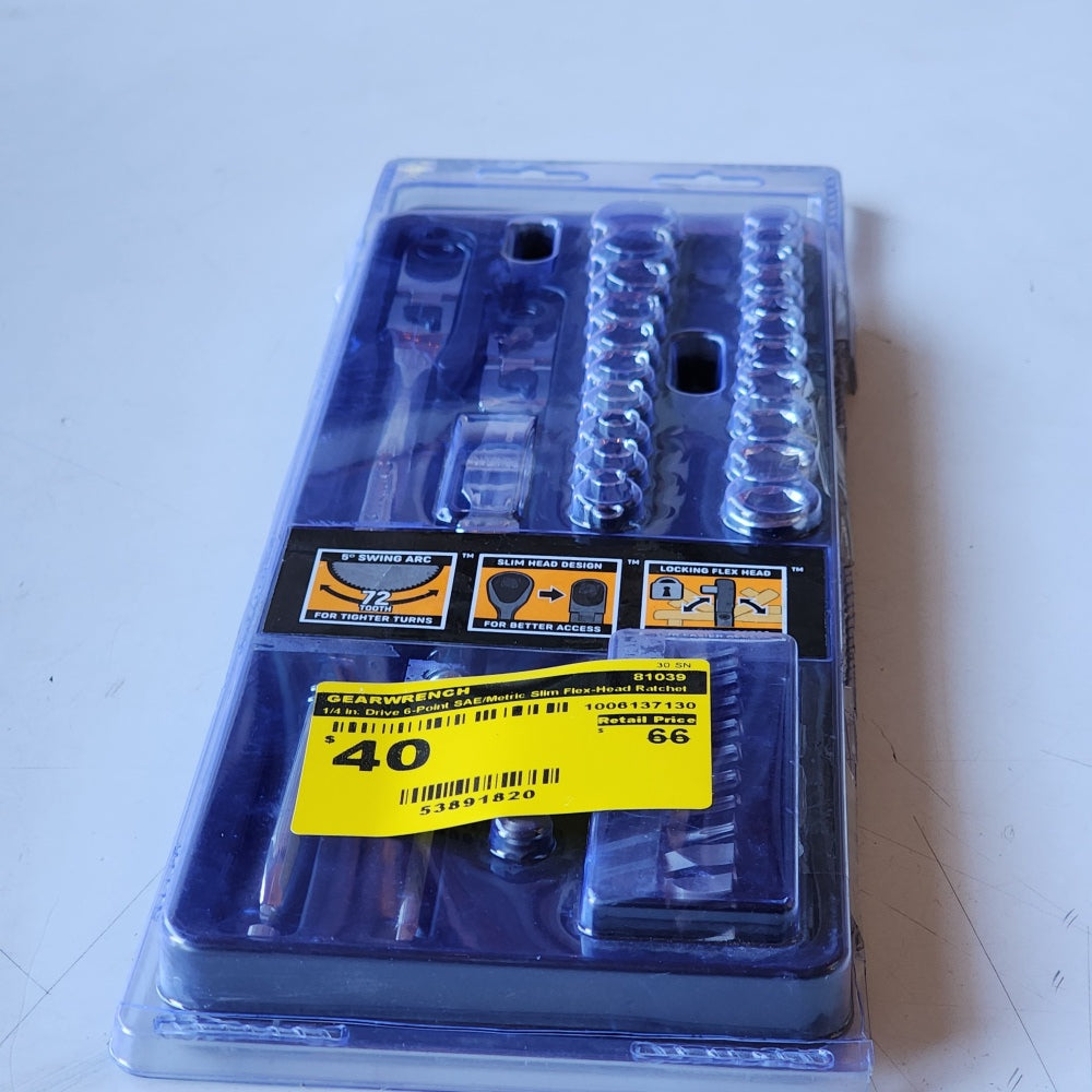 1/4 in. Drive 6-Point SAE/Metric Slim Flex-Head Ratchet and Socket Mechanics Tool Set (55-Piece) (81039) 1/4 in. Drive 6-Point SAE/Metric Slim Flex-Head Ratchet and Socket Mechanics Tool Set (55-Piece) (81039)